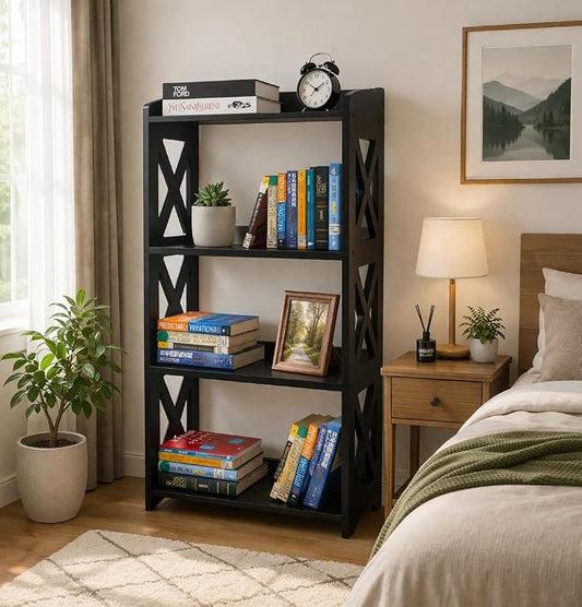 Black Bookcase by Natural Wood, 4 Tier Bookshelf, Small Book Shelves Freestanding Display Storage Shelves. Open Bookshelf for Bedroom, Living Room and Office (Black, 4 Tier)