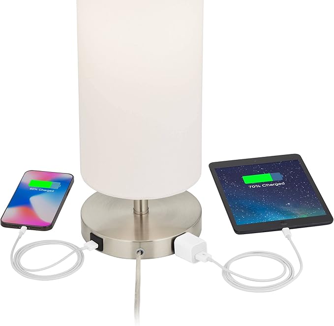 360 Lighting Heyburn Modern Accent Table Lamp with Hotel Style USB and AC Power Outlet in Base 20" High Brushed Nickel Off White Cylinder Shade for Living Room Desk Bedroom House Bedside