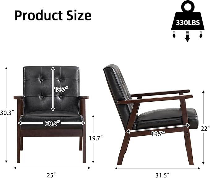 IOMOR Accent Chair Mid Century Modern Chair for Living Room, Comfy Faux Leather Armchair with Solid Wood Frame Soft Thick Padded, Side Chairs Easy Assembly (Black)