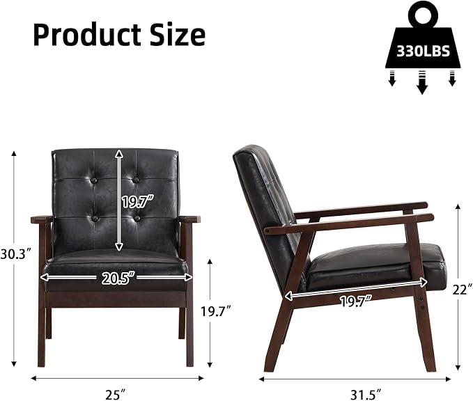 IOMOR Accent Chair Mid Century Modern Chair for Living Room, Comfy Faux Leather Armchair with Solid Wood Frame Soft Thick Padded, Side Chairs Easy Assembly Set of 2, Black
