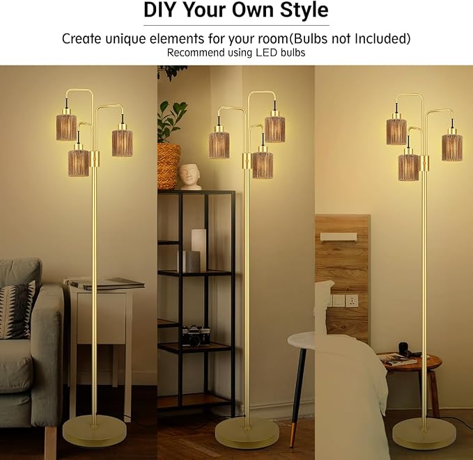 BoostArea Industrial Floor Lamp for Living Room,Gold Modern Standing Lamp Stand Up Lamp with 3 Light, Bulbs Not Included,Simple Design Floor Lamp for Bedroom, Living Room, Office, Kids Room, Reading