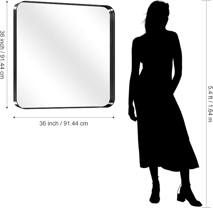 CIRCUMI Black Bathroom Mirror, 36"x36" Rectangular Mirror with Deep Metal Frame, Rounded Corner, Tempered Glass, Mirror for Wall, Oversink, Bedroom, Installed Vertically/Horizontally, Crystal-Clear