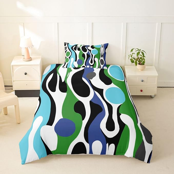 Erosebridal Mid Century Modern Abstract Duvet Cover Set Vintage Geometric Girl Toddler Bedding Set for Teenage Boys Contemporary Organic Shapes Comforter Cover Squiggle Blob Bed Sets,Blue Turquoise