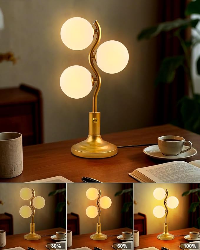 Lightdot 3-Globe Table Lamp Dimmable Mid Century Modern Gold Desk Lamp 3000K Warmwhite Bedside Table Lamp for Bedroom Living Room Study Room(G9 Bulbs Included)