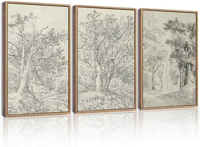 KUVIOKE Vintage Tree Framed Wall Art Retro Antique Forest Drawings Nature Wilderness Sketch Wall Painting Modern Landscape Decor 16x24in (Natural Framed)