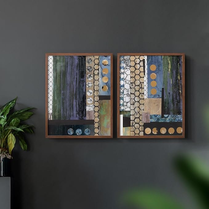 Renditions Gallery Set of 2 Peel & Stick Framed Prints, Geometric Abstract Wall Art, Hexagonal and Circular Pattern Wall Decor, Re-Stickable - Ready to Hang - 11"x14" - Walnut Frame LT588