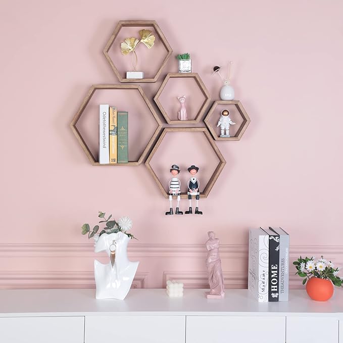 Hexagon Shelves for Wall,Hexagon Floating Shelf Set of 5,Honeycomb Shelves Octagon Hanging Cube Rustic Wood Wall Mounted for Living Room Bedroom Kitchen Bathroom Office Home Decor（Carbonized Brown）