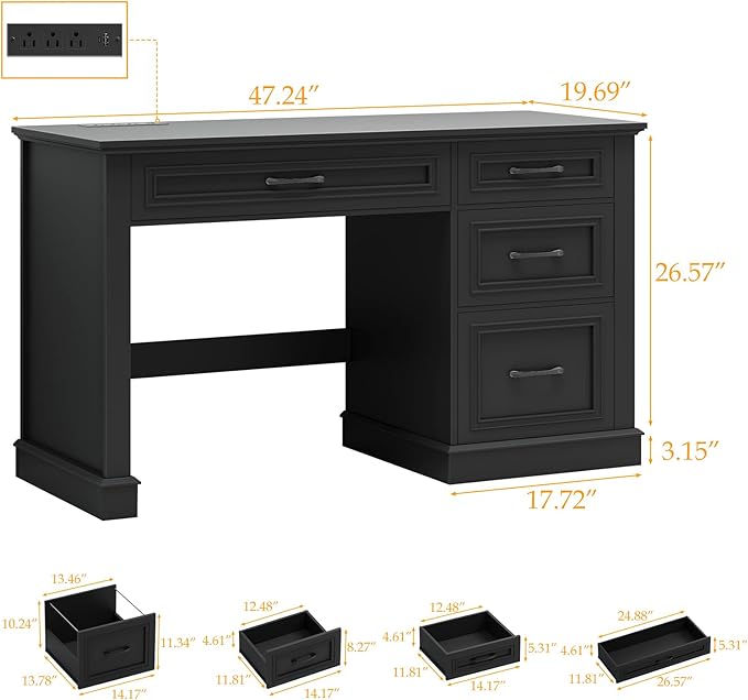 Vabches Farmhouse 47" Executive Desk, Computer Desk with Drawers and File Drawer, Workstation Computer Desk with Charging Station for Home Office, Study,（Pure Black