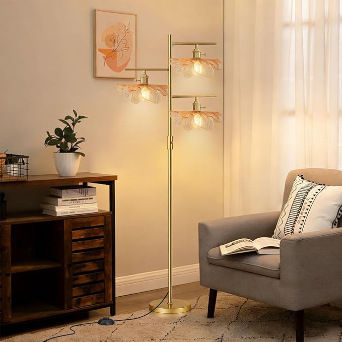 Amber Glass Floor Lamp, Dimmable Gold Standing Lamp with Leaf Lampshade, Three-Way Switch Control, 3-Light Tree Floor Lamp Mid Century Modern Tall Lamp for Living Room Bedroom Office Study