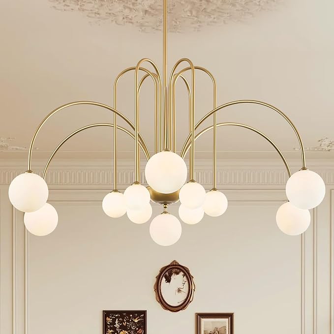 Large Gold Sputnik Chandelier Mid Century 12 Lights Modern L52” Milk Glass Globe Ceiling Pendant Light Fixture for High Ceiling Foyer Staircase Living Dining Room