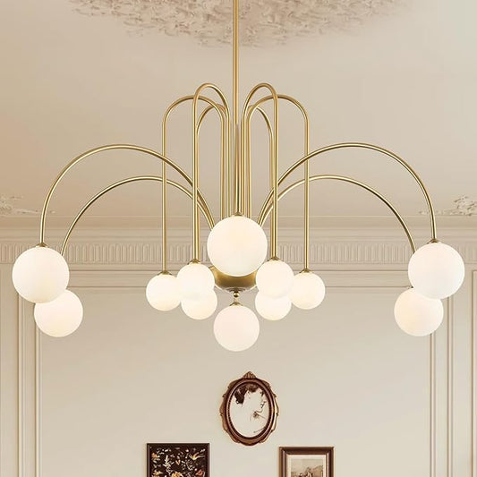 Large Gold Sputnik Chandelier Mid Century 12 Lights Modern L52” Milk Glass Globe Ceiling Pendant Light Fixture for High Ceiling Foyer Staircase Living Dining Room