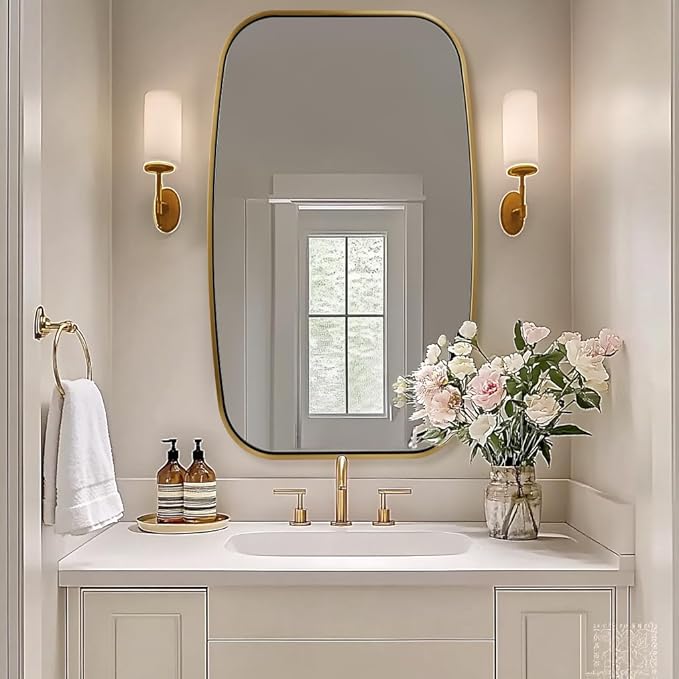ANDY STAR Brushed Gold Oval Bathroom Mirror, 24x40 Inch Brass Oblong Mirrors for Wall, Modern Vanity Mirror in Stainless Steel Metal Tube Frame, Wall Mount Horizontal or Vertical
