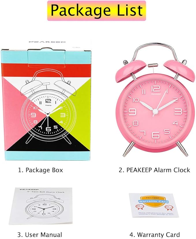 Peakeep 4 Inches Twin Bell Loud Alarm Clock for Heavy Sleepers Kids, Battery Operated Old Fashioned Alarm Clock (3D-Dial, Pink)