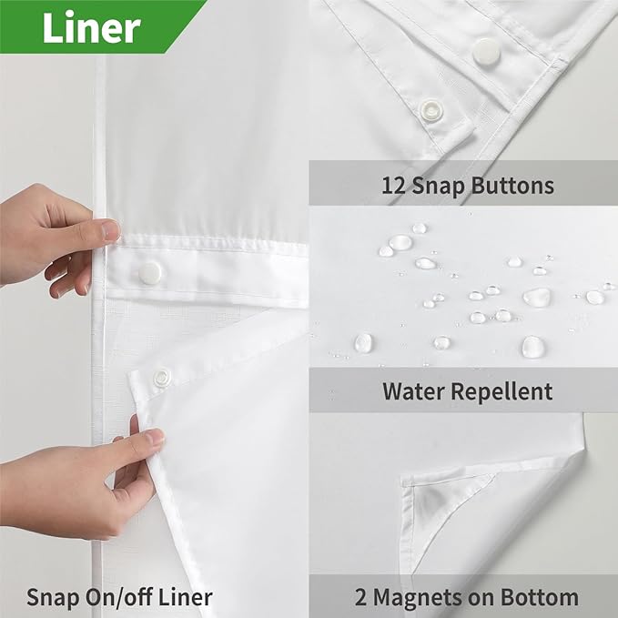 Extra Long No Hooks Needed Linen Textured Shower Curtain with Snap-in Fabric Liner Set,White Hotel Luxury Decor Shower Curtains for Bathroom,Waterproof & Washable,71Wx92H