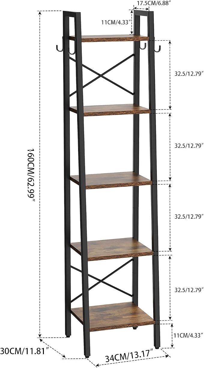 YMYNY 5 Tiers Ladder Bookcase, Industrial Narrow Bookshelf, Open Display Rack with 4 S Hooks, Metal Storage Shelves for Bedroom, Home Office, Living Room, Rustic Brown, 63H*13.4L*11.8W, UHBC025H