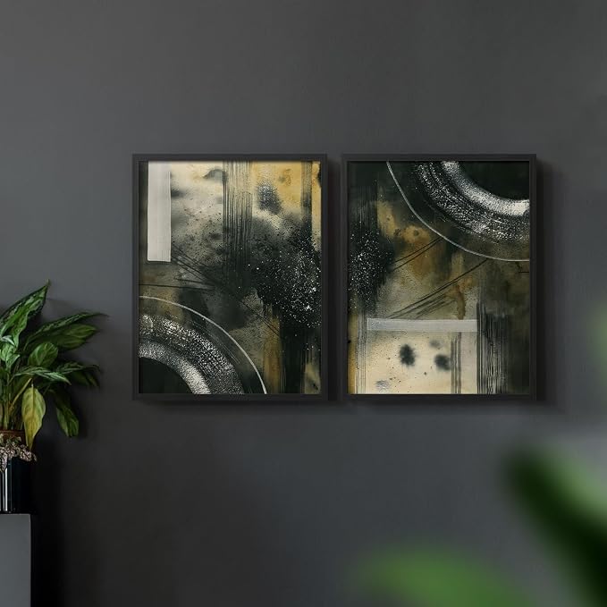 Renditions Gallery Set of 2 Peel & Stick Framed Prints, Moody Abstract Wall Art, Circular and Splattered Effects Wall Decor, Re-Stickable - Ready to Hang - 22"x28" - Black Frame LT588