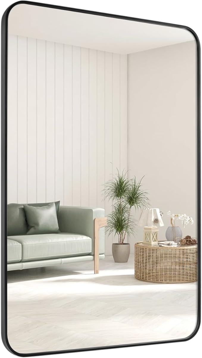 Black Bathroom Mirror 30X42 Inch Rounded Rectangle Wall Mirror Stainless Steel Metal Frame Vanity Mirror Anti-Rust for Entryway, Bathroom, Vanity, Living Room Hangs Vertically or Horizontally