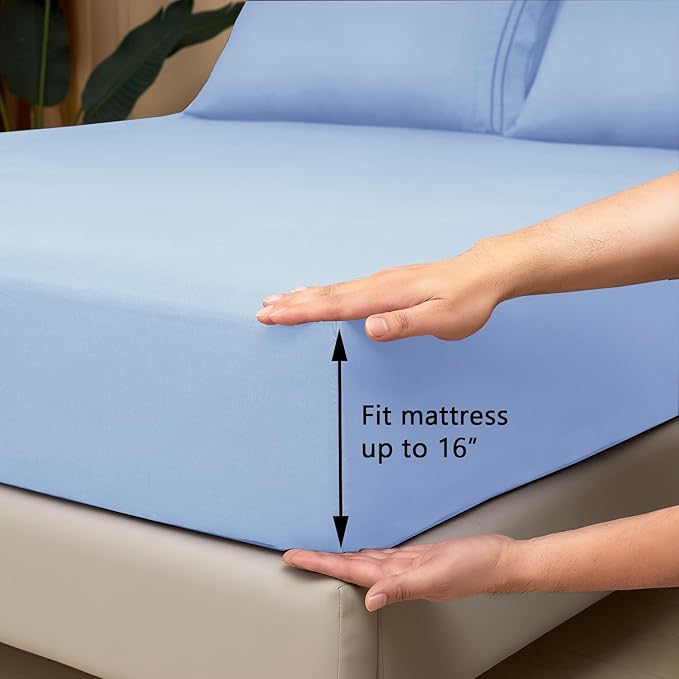 Mejoroom King Size Bed Sheet Set - Hotel Luxury 1800 Bedding Sheets & Pillowcases - 16" Deep Pocket Fitted Sheet, Soft, Breathable, Wrinkle & Fade Resistant - 4 Piece(King, Light Blue)