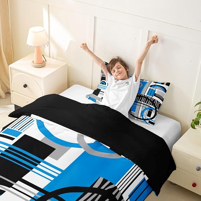 Erosebridal Art Deco Mid Century Duvet Cover Set Retro Modern Abstract Geometric Twin Bedding Sets for Girls Teenage Boys Black and White Blue Circles Stripes Comforter Cover Contemporary Bed Set
