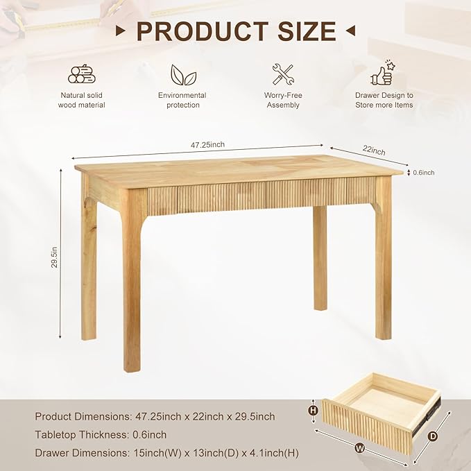 47.2'' Solid Wood Desk with 2 Drawers, Mid Century Modern Home Writing Office Wooden Desk,Vintage Computer Table with Storage for Living Room, Bedroom, Fluted Design (Natural, 47.2 Inch)