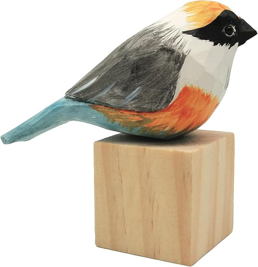 DIYOMR Bird Figurine, Hand Carved Birds Wood Décor, Art Animal Wooden Sculpted Bird with Wood Block, Vivid Bird Statue for Gift Home Table Ornament Decor (Red-Headed Tit)