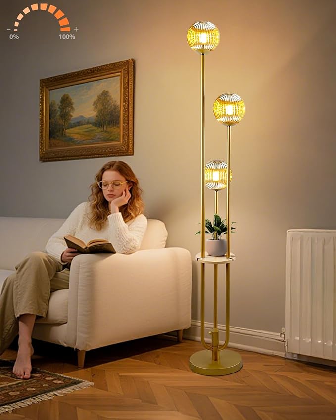 Glass Floor Lamp with Table, Gold Tall Standing Lamps Dimmable, 3000K Warmwhite Mid Century Modern Floor Lamp for Living Room/Bedroom