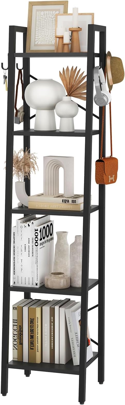 YMYNY 5 Tiers Ladder Bookcase, Industrial Narrow Bookshelf, Open Display Rack with 4 S Hooks, Metal Storage Shelves for Bedroom, Home Office, Living Room, Black, 63H*13.4L*11.8W, UHBC025B