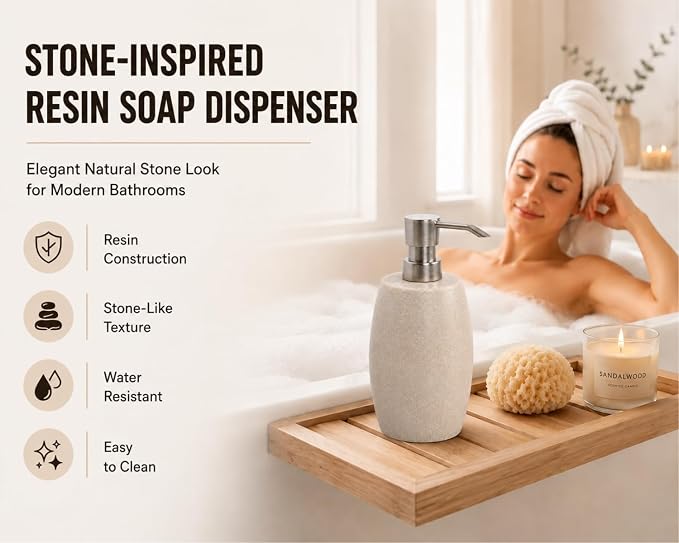 Clasin Home Sandstone Textured Resin Soap Dispenser with Metallic Pump and Waterproof Bottle Labels for Bathroom Kitchen Dish Hand Wash Shower Lotion Shampoo, 12 Oz, Beige
