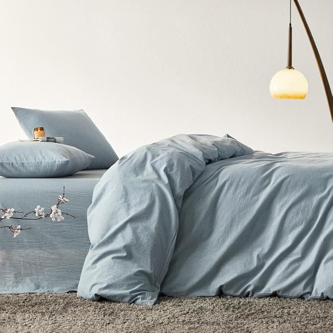 Wake In Cloud - Cotton Duvet Cover Set, 100% Washed Cotton, Linen Like Textured, Breathable Durable Comfy Farmhouse Neutral Bedding Set, 3 Pieces, Light Denim Blue, Full Size