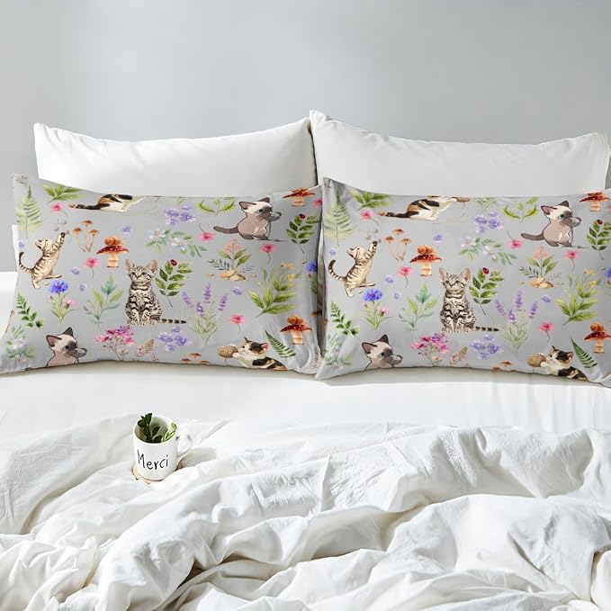 Erosebridal Cute Cat Duvet Cover Full Lovely Kitten Cat Lovers Bedding Set Boho Watercolor Floral Comforter Cover for Kids Girls Boys Adults Kawaii Pet Animal Bed Set