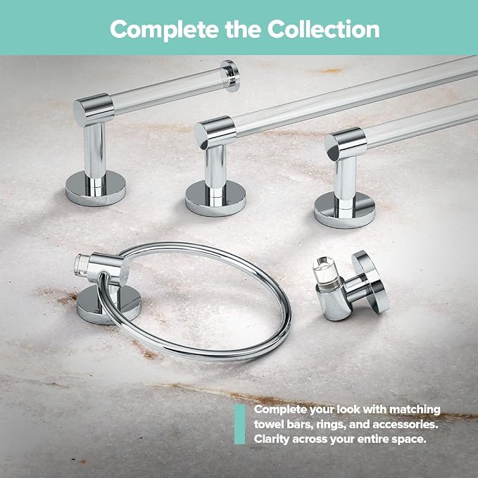 Gatco 5710 Clarion Towel Bar | 24" L Bathroom Towel Rack, Wall Mount Bathroom Towel Holder | Crystal-Clear Acrylic & Chrome Finish