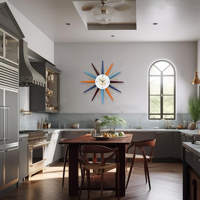 Large Wall Clock 27.5 Inch Modern Wall Clock Starburst Mid-Century Modern Decor Non-Ticking Battery Operated Colorful Clock Home Decorations for Living Room Bedroom Kitchen Office