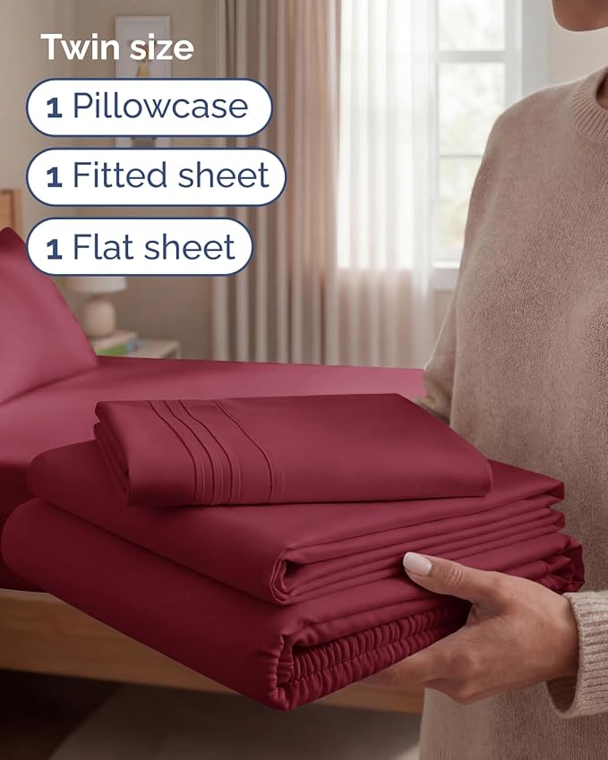 Twin Size 3 Piece Sheet Set - Comfy Breathable & Cooling Sheets - Hotel Luxury Bed Sheets for Women & Men - Deep Pockets, Easy-Fit, Extra Soft & Wrinkle Free Sheets - Burgundy Oeko-Tex Bed Sheet Set