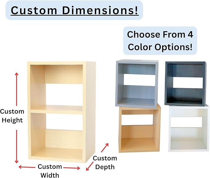Custom Sized 2-Cube Cubby; Choose color, width, depth, and height. Units are 3/4 inch thick premium grade melamine for strong, solid unit. Easy assembly. Place on the floor or mount on a wall.