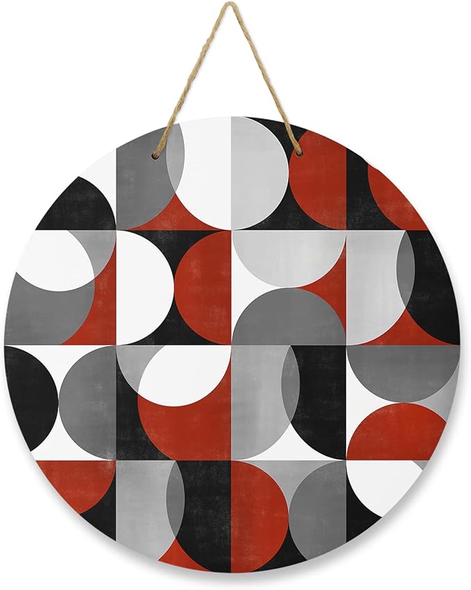 Welcome Sign for Front Door Mid Century Geometric Wood Door Hanger for Outdoor Outside Porch,12 Inch Round Wooden Wreath Indoor Wall Hanging Decoration, Abstract Modern Red