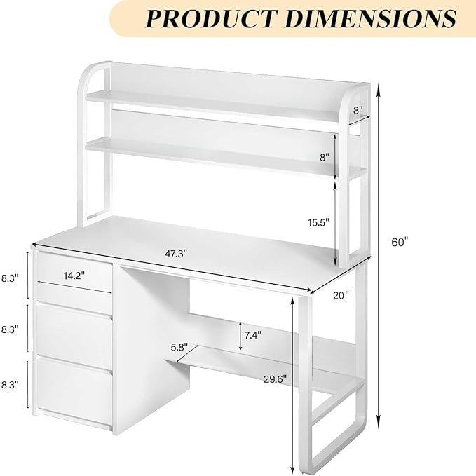 MaverickFurni White Desk with Hutch, 47 Inch Computer Desk with 3 Drawers for Bedroom, Study Writing Desk with Shelves for Small Spaces, Adjustable Feet
