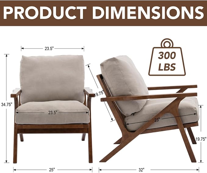 chairus Mid-Century Modern Accent Chairs Set of 2, Comfy Upholstered Lounge Armchairs with Removable Cushions & Solid Wood Frame, Reading Chairs for Living Room Bedroom Office, Beige Denim Fabric