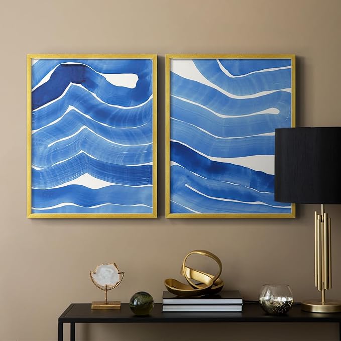 Renditions Gallery Set of 2 Peel & Stick Framed Prints, Watercolor Abstract Wall Art, Bold Brushstrokes in Shades of Blue Wall Decor, Re-Stickable - Ready to Hang - 22"x28" - GOLD Frame LT588