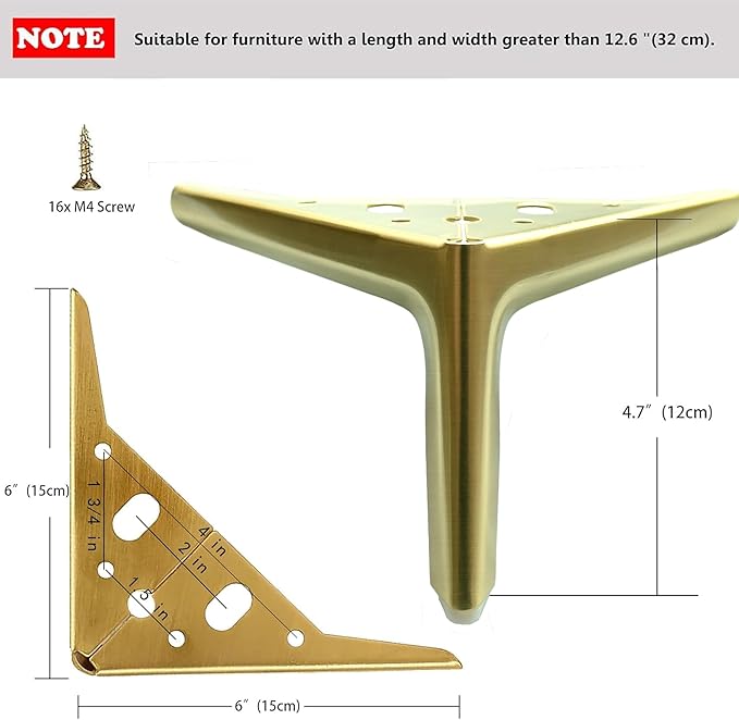 4.7 inch/12cm Brushed Gold Metal Furniture Legs Set of 4, 4pcs DIY Replacement for Short Cabinet Legs, Sofa Legs, Small Dresser Legs