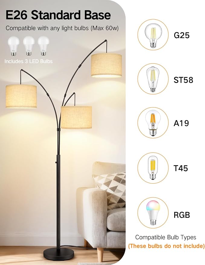 OUTON Arc Led Floor Lamp, Modern 3 Light Arched Tall Floor Lamps for Living Room, Mid Century Adjustable Standing Corner Lamps for Bedroom Office, 3 LED Bulbs Included, Beige Lampshade