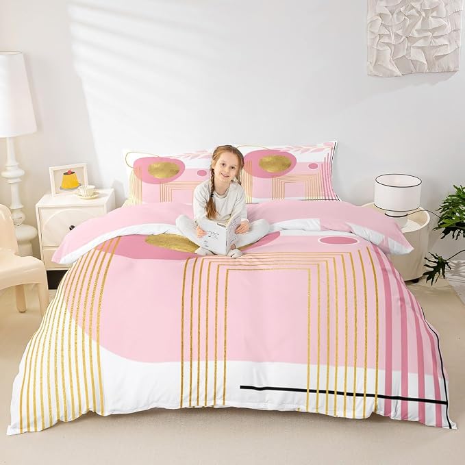 Erosebridal Pink and White Abstract Boho Duvet Cover King Size Minimalist Aesthetic Neutral Comforter Cover Mid Century Modern Bedding Set Botanical Leaves Geometric Bed Set