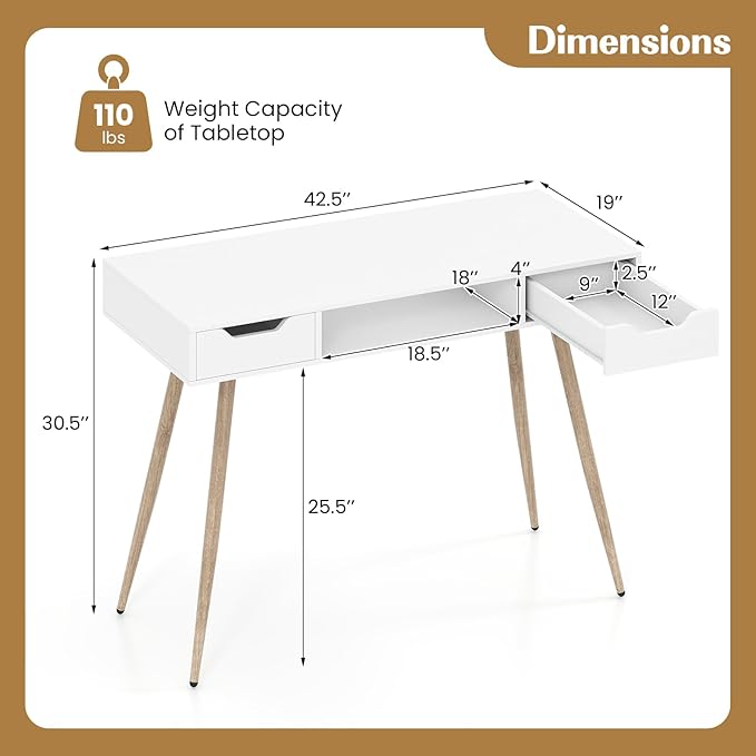 Giantex White Computer Desk with Drawers, 42.5" Minimalist Mid Century Modern Vanity Writing Desk with Open Storage Cubby & Metal Leg, Compact Wooden Study Table for Small Spaces Home Office (White)