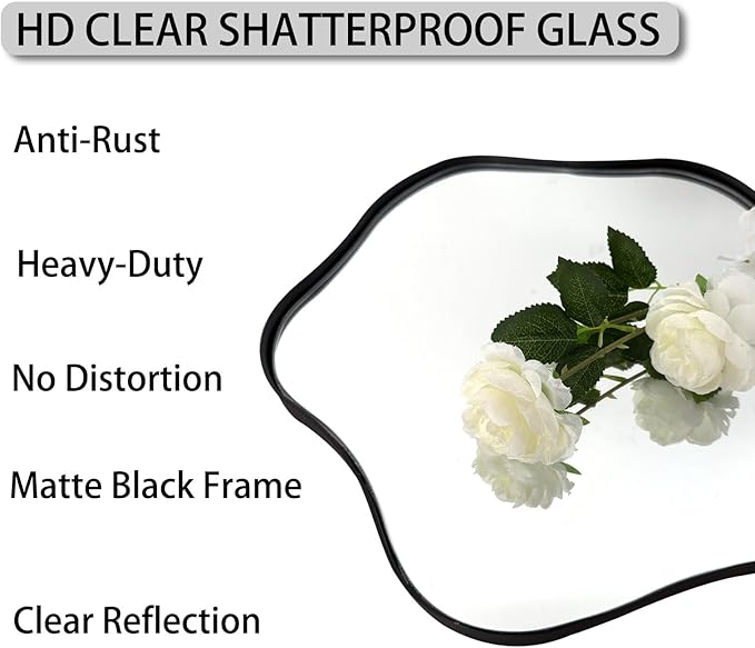 Irregular Shaped Mirror, 28" Asymmetrical Rounded Mirror Decorative, Modern Abstract Wall Mirrors with Metal Frame, Scalloped Mirrors for Living Room Bathroom Bedroom Hallway Entryway