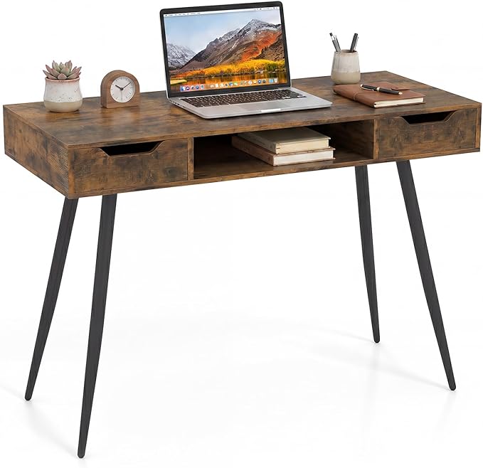 Tangkula Mid Century Modern Computer Desk, Writing Desk with 2 Drawers & Open Center Storage, Small Wooden Study Table for Home Office & Compact Spaces (Rustic Brown)