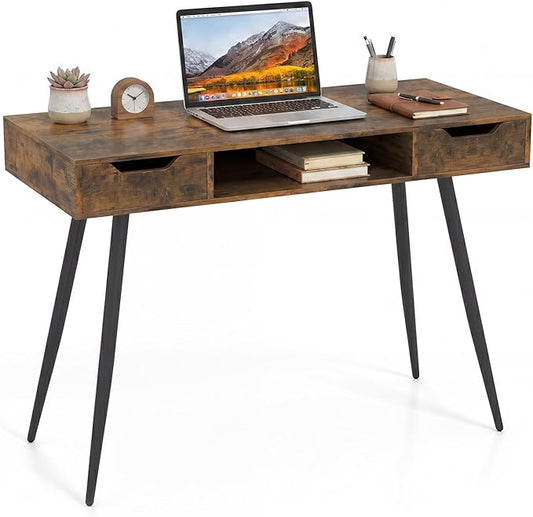 Tangkula Mid Century Modern Computer Desk, Writing Desk with 2 Drawers & Open Center Storage, Small Wooden Study Table for Home Office & Compact Spaces (Rustic Brown)