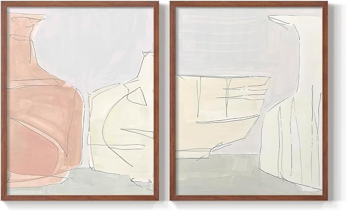 Renditions Gallery Set of 2 Peel & Stick Framed Prints, Neutral Abstract Wall Art, Soft Tones Delicate Linework Wall Decor, Re-Stickable - Ready to Hang - 22"x28" - Walnut Frame LT588