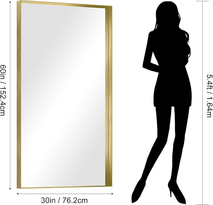 CIRCUMI Gold Bathroom Mirror, 30"x60" Rectangular Mirror with Deep Metal Frame, Brushed Finish, Tempered Glass, Large Mirror for Wall, Over 2 Sinks, Installed Vertically/Horizontally, Crystal-Clear