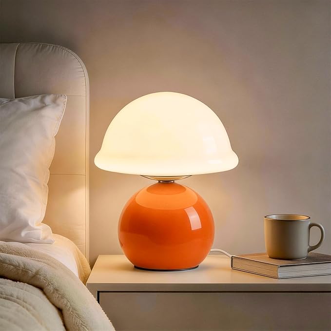 Mushroom Table Lamp for Bedroom, Cozy Bedside Lamp with Glass Shade, Stepless Dimmable Nightstand Lamp for Relaxing Bedroom Decor & Aesthetic Home (Orange)