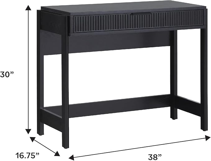 Walker Edison Transitional Office Design, Reeded Drawer Front Detail, Writing Desk with Drawer, Spacious Desktop, Complementary in Living Spaces, 38”W x 16.75”D x 30”H, Black