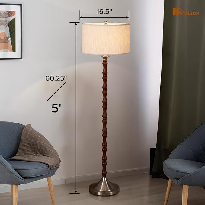 LED Floor Lamp, Mid Century Lamp with Drum Shade, Great Living Room Décor, Rustic Retro Tall Lamp, Modern Standing Lamp for Bedroom and Office, Adjustable Lighting, Walnut Wood Finish